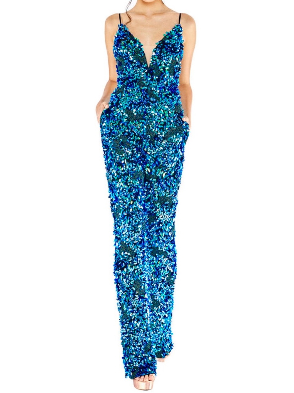 Ashley Lauren Women’s Designer Beaded Sequin Spaghetti-Strap Party Jumpsuit